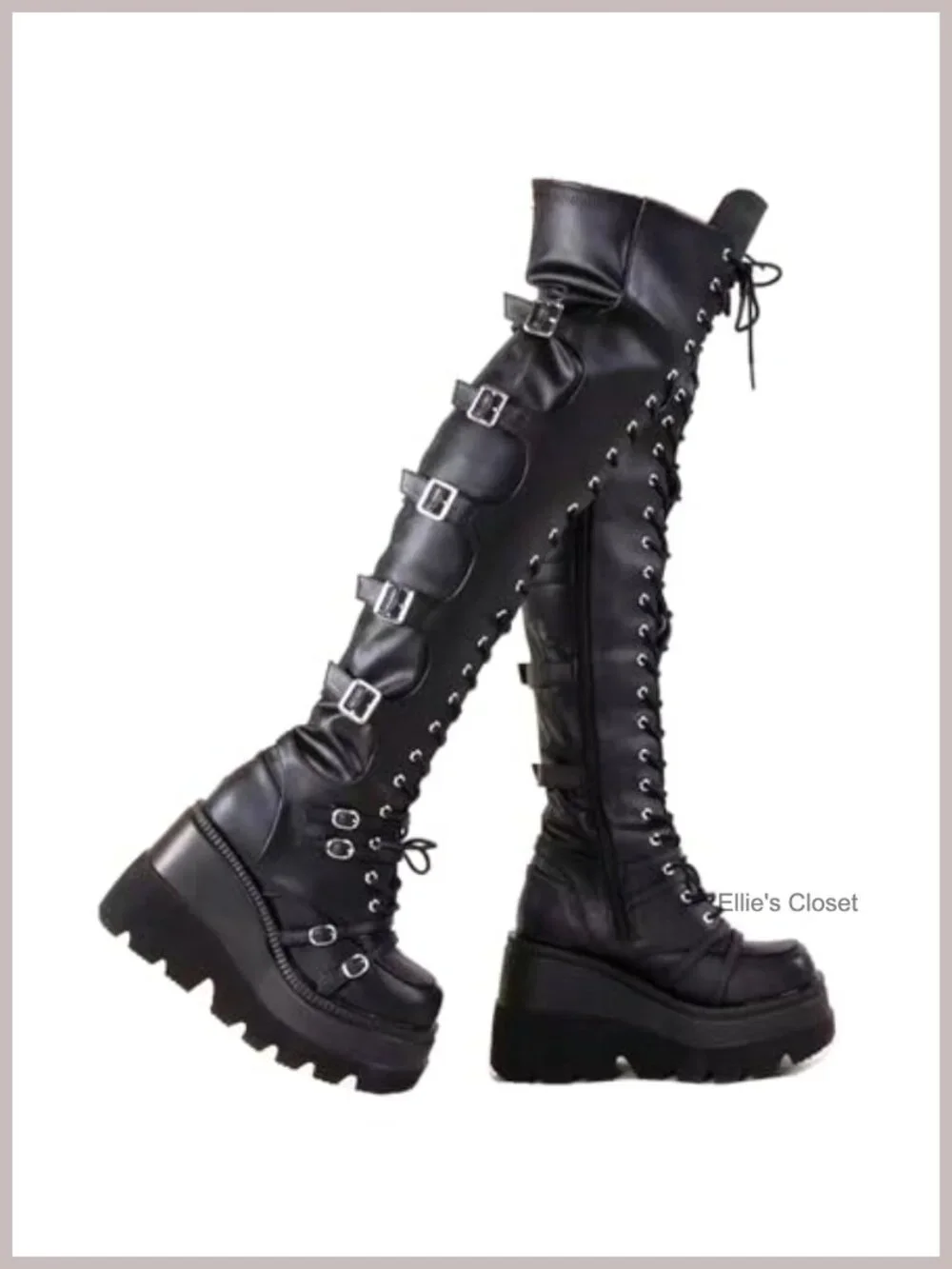 Black Platform Over Knee Thigh High Boots Chunky Heel Gothic Motorcycle Boots